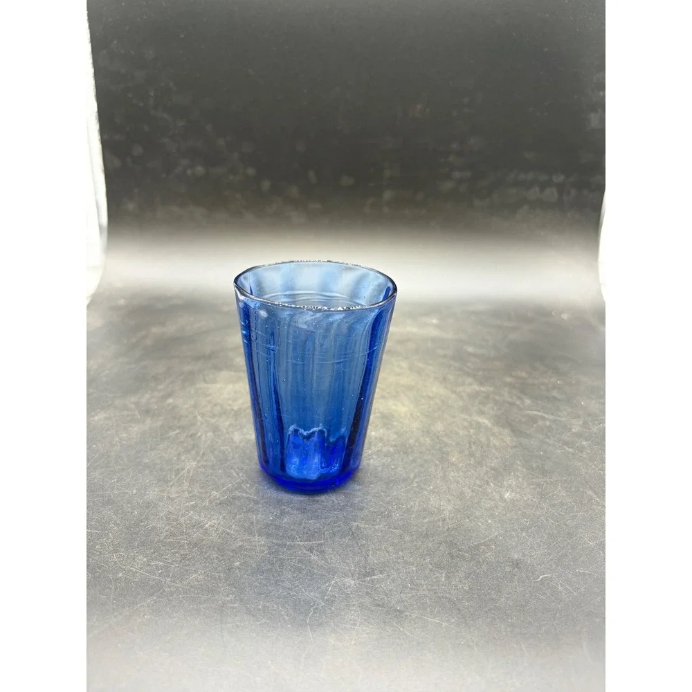 Vintage Cobalt Blue Hand Blown Ribbed Glass Tumbler 4.5 Inch Cup